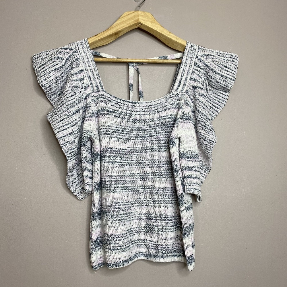Ted Baker Striped Puff-Sleeve Knit Sweater - White/Grey Size 2